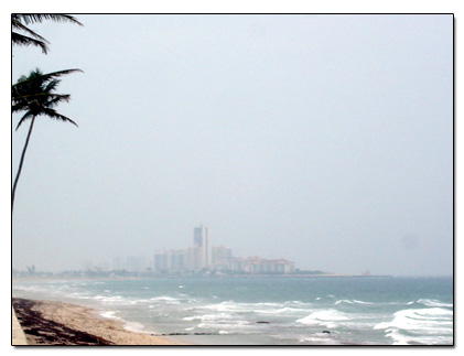 Foggy view of shoreline city